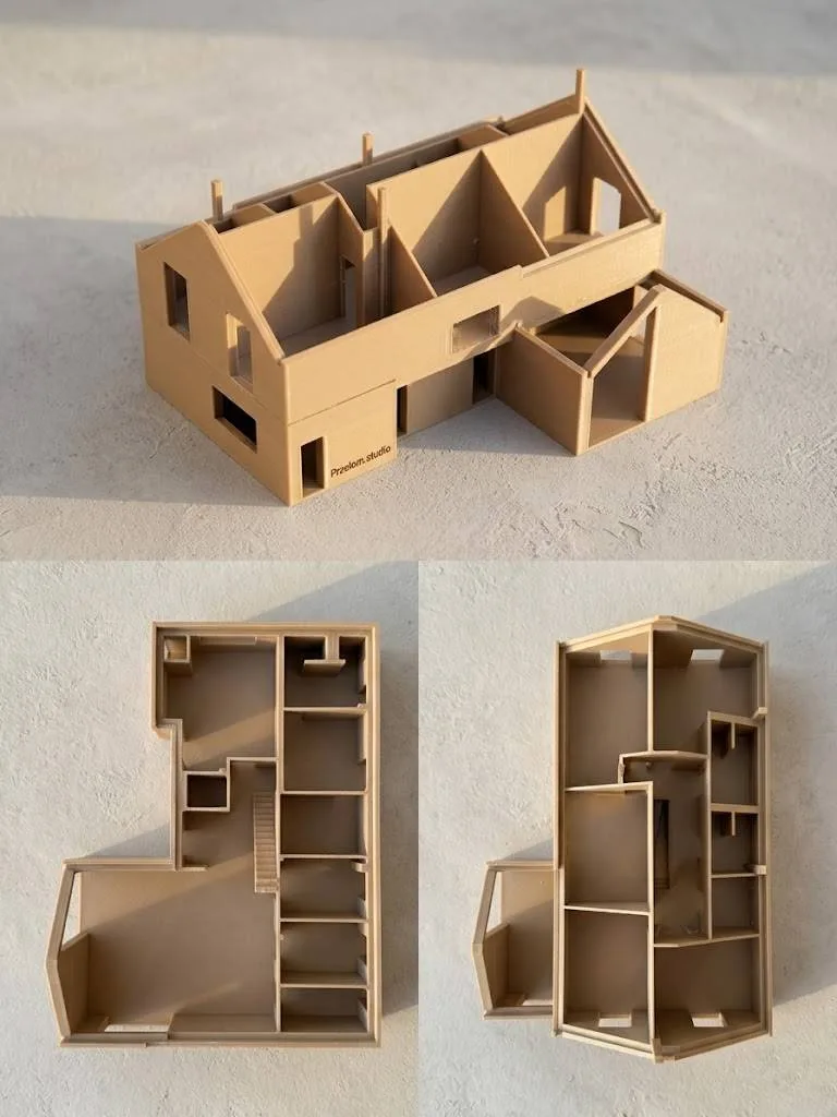Fizyczny model 3D domu z rozbieralnym dachem, prezentujący widok ogólny bryły budynku oraz przekroje piętra i parteru z układem pomieszczeń